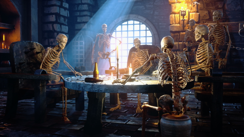 A fun party at the ancient skeletons in an old medieval catacombs. Mystical nightmare concept. The seamless loopable animationis for fantasy, mystical or historical backgrounds.