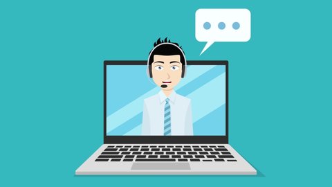Cartoon style, colorful animation of customer service support. Happy dark hair man with headphones is talking on a laptop screen. Animation is in easy to edit loop.