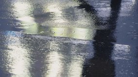 Shadow Reflection Of A Walking Person Through Rain Puddles On Pavement Road At Night In Tokyo, Japan. - Close Up Shot - Powered by Shutterstock - Get 15% off with code: PIKWIZARD15