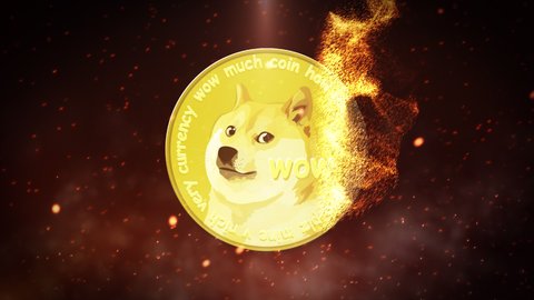 Dogecoin Cryptocurrency Coin Fire Flame Animation with Meme text ProRes 4k