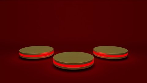 Golden product stand futuristic or podium pedestal on empty display growing light with red backdrops. 3D rendering. seamless loop.