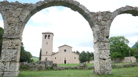 arch of abbey of San Vincenzo al Volturno, historic Benedictine abbey. Castel San Vincenzo, Rocchetta a Volturno, Isernia, Volturno Valley, Molise, Italy