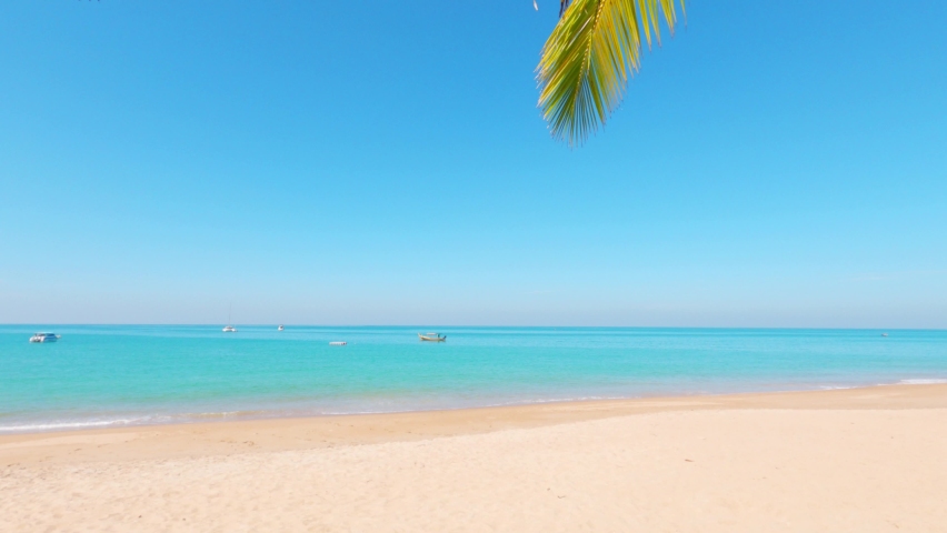 Cyan blue sea water surface n calm ocean wave crashing golden sandy beach with boat ship n exotic palm tree leaf on sunny clear blue sky n white wispy smoke clouds, 4k cinemagraph b-roll footage video
