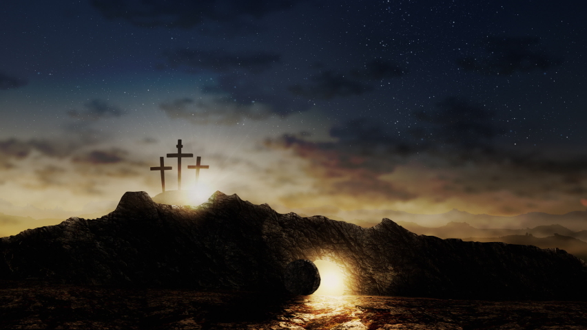 Three crosses on a hill with the Lord Jesus tomb empty and bright. Christ resurrection concept. background with lights and clouds in the sky. Seamless looping. 4k