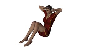 360 degree camera rotation around a woman doing sit-ups seamless video loop, isolated against a white background