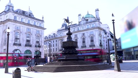 An empty Eros Statue at Piccadilly Circus during the Pandemic in London March 2020
