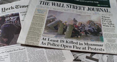 New York, New York  United States - March 3,  2021: Newspaper Coverage of At Least 18 Killed In Another Bloody Day For Myanmar