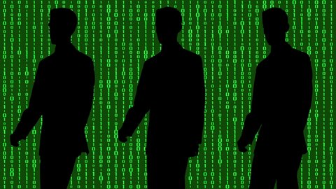 Animation of businessman silhouettes cloned walking against a background of green code