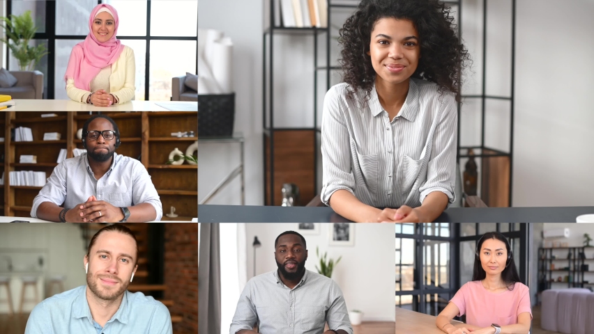 Video call concept. Smart and confident multiracial woman holding video conference, talking, diverse colleagues are listening. App for online communication of team, working and meeting on the distance Royalty-Free Stock Footage #1069231618