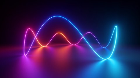 abstract neon background 3d looping animation, wavy colorful glowing line spinning around