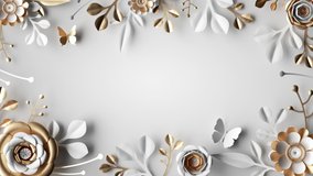 decorative frame of paper flowers growing and appearing, white gold botanical background with blank space for text. Wedding animated greeting card template - Powered by Shutterstock - Get 15% off with code: PIKWIZARD15