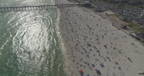 Pensacola Beach Florida Aerial v4 crowds of tourists along the beach and the iconic beach ball tower Shot with Inspire 2, X7 camera March 2020.