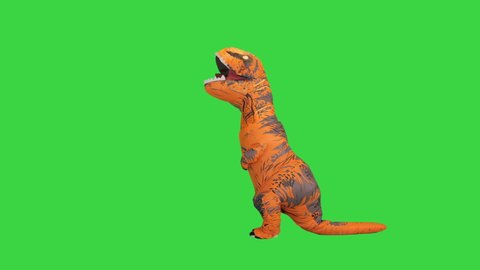 Walking into and out of the frame. Wide shot. Side view. Dinosaur jumping into the frame and running away on a Green Screen, Chroma Key. Professional shot in 4K resolution. 068. You can use it.