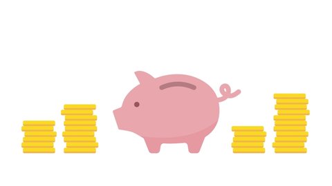 An animation of money going into a piggy bank.
The illustration is flat and simple. Video stock