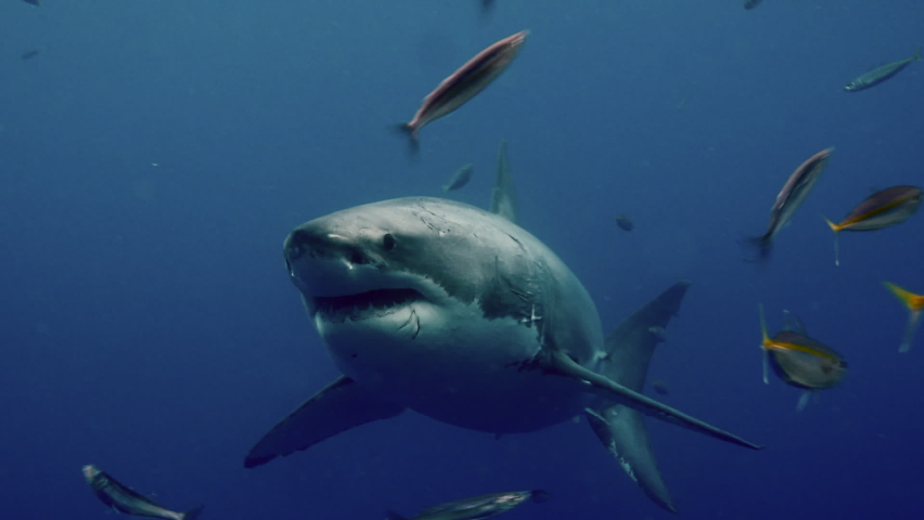 Close-up of great white shark swimming underwater in front of camera in a school of fish off the coast of Guadeloupe, Mexico. Carcharodon carcharias, or white shark. Most predator shark in the ocean.