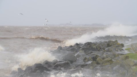 Waves on the IJsselmeer hitting the levee of the Noordoostpolder with a row of wind turbines during an early springtime storm in The Netherlands