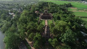 Aerial view of Thien Mu pagoda and nature at Hue city, Vietnam