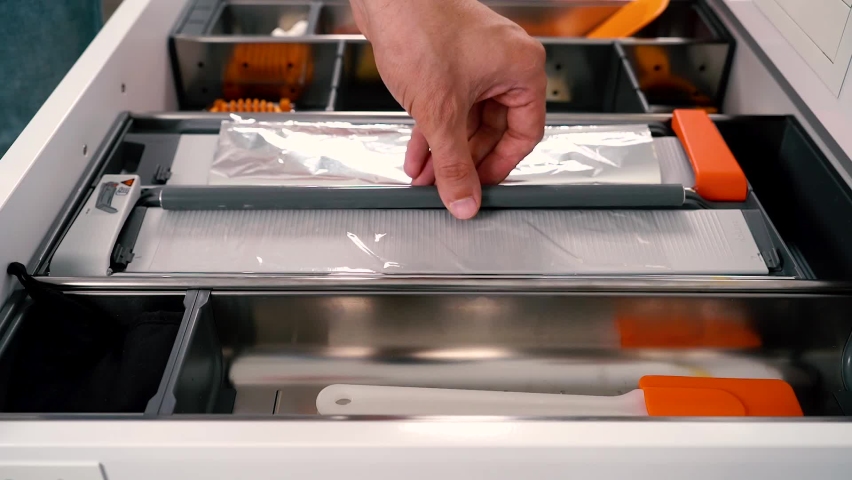 Functional cutter for food film also a cutter for aluminum foil. Open drawer with different utensils in kitchen. | Shutterstock HD Video #1069259566