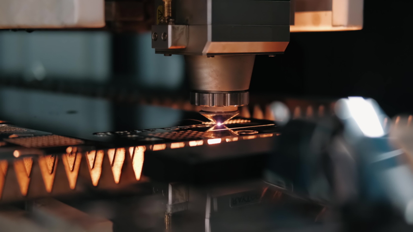 Modern Technological Cnc Cutting Power Action on Metallic Horizontal Ironwork Object Hot Gas. Making Industrial Details in Computer Program Heavy Industry. Cut Metal Material Laser Burn Closeup Shot. Royalty-Free Stock Footage #1069260634
