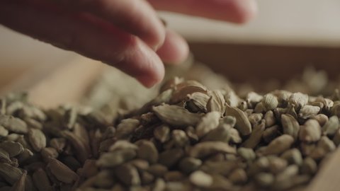 Close up of Cardamom Pods being handled in a gin distillery. Botanicals Macro slow motion