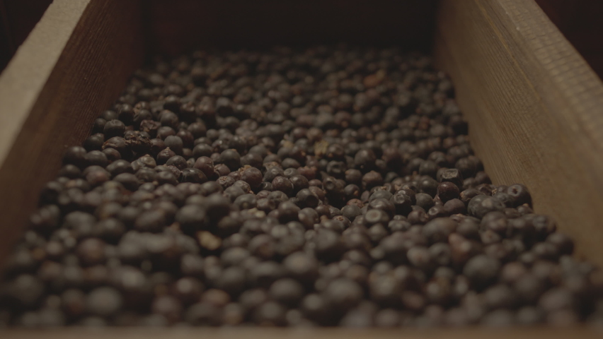 Juniper berries being scooped up hand in a gin distillery. Botanicals macro slow motion  | Shutterstock HD Video #1069262434