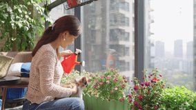 Young Asian woman watering her plant flower with kitten accompany her on the sunny balcony urban people stay in home lifestyles 4k clip
