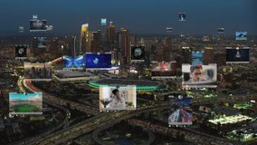 Connected aerial city with several interfaces. Futuristic concept. Augmented reality over Los Angeles, United States.