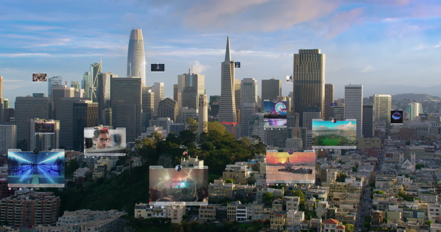 
Connected aerial city with several interfaces. Futuristic concept. Augmented reality over San Francisco, United States. Royalty-Free Stock Footage #1069266055