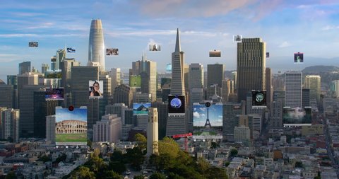 
Connected aerial city with several interfaces. Futuristic concept. Augmented reality over San Francisco, United States.