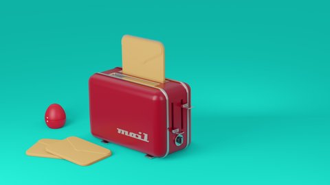 humoristic animation of a toaster and an egg timer, mail envelopes jumping out of it, concept of sending and receiving email, copy space, seamless loop (3d render)