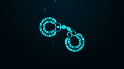 Glowing neon line Sexy fluffy handcuffs icon isolated on black background. Handcuffs with fur. Fetish accessory. Sex shop stuff for sadist and masochist. 4K Video motion graphic animation.