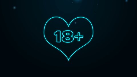 Glowing neon line 18 plus content heart icon isolated on black background. Adults content only icon. 4K Video motion graphic animation.