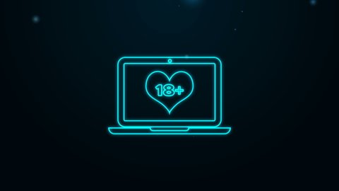 Glowing neon line Laptop computer with 18 plus content heart icon isolated on black background. Age restriction symbol. 18 plus content sign. Adult channel. 4K Video motion graphic animation.