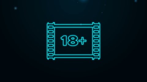 Glowing neon line Play Video with inscription 18 plus icon isolated on black background. Age restriction symbol. 18 plus content sign. Adult channel. 4K Video motion graphic animation.