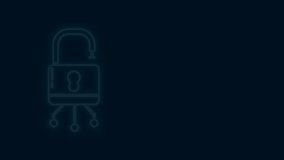 Glowing neon line Cyber security icon isolated on black background. Closed padlock on digital circuit board. Safety concept. Digital data protection. 4K Video motion graphic animation.
