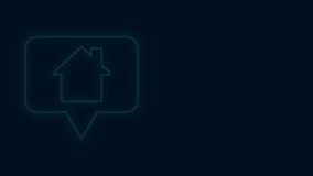 Glowing neon line Map pointer with house icon isolated on black background. Home location marker symbol. 4K Video motion graphic animation.