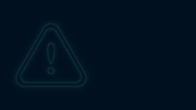 Glowing neon line Exclamation mark in triangle icon isolated on black background. Hazard warning sign, careful, attention, danger warning important sign. 4K Video motion graphic animation.