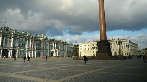 St. Petersburg, Russia, October 1, 2020.  Attractions St. Petersburg, Winter Palace, Alexander Column tourists walk to see the sights, panorama up, time lapse