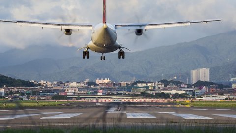 Airplane Landing in Taipei Songshan airport, Taipei, Taiwan