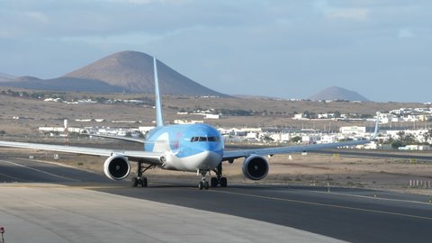 Canary Islands, Spain, 06.02.2019 Boeing 767 of TUI Airlines Belgium taxiing on the runway of the Lanzarote airport. High quality 4k footage