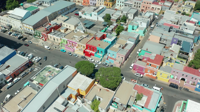 Scenic aerial wide drone shot above central Cape Town, South Africa with scenic view of harbor and downtown business area. Panoramic view of Bo-Kaap, Zonnebloem, Oranjezicht and Table Mountain.