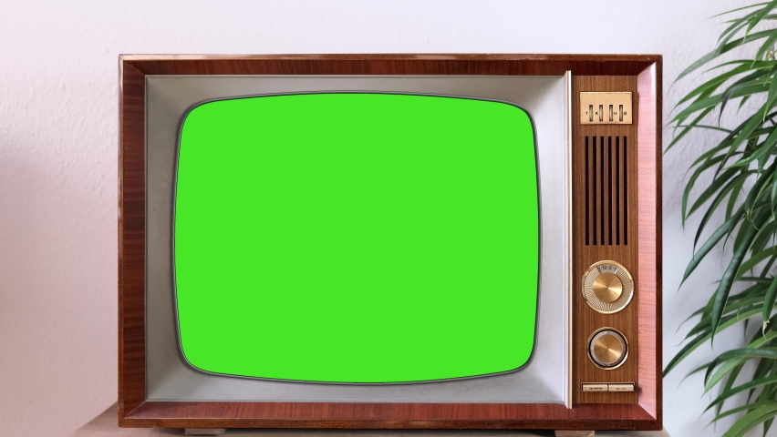 old retro analog TV with blank green screen for designer, video film stands in light room, ficus houseplant nearby, concept of cozy house 1960-1970, stylish mockup, template for video, 4K	 Royalty-Free Stock Footage #1069286122