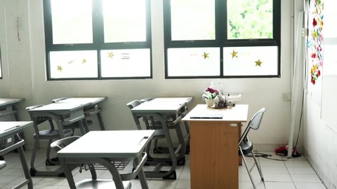 Magelang, Indonesia - July 9, 2020 : Pan Across Empty Classroom In School Or University - Chairs And Desks. Indonesia