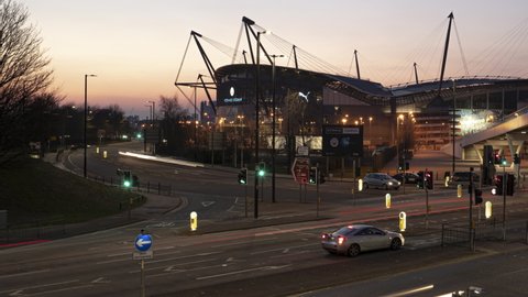 MANCHESTER, UK - 2021: Etihad Stadium Manchester City Football club timelapse at night