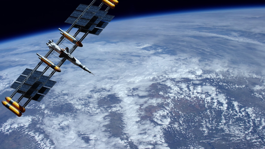 Meteorology space navigation satellite monitoring weather of planet orbiting above earth. Telecommunication spaceship floating in univers, shuttle into atmosphere. Images from NASA 3D render animation Royalty-Free Stock Footage #1069301455