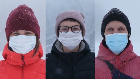 Group of People in Masks, Collage on Winter Background. Prevention for Coronavirus COVID-19.