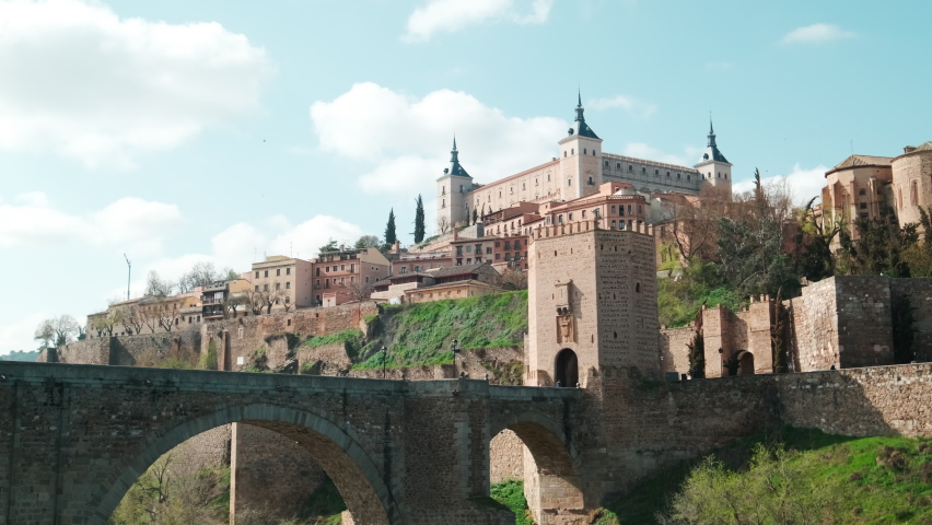 Ancient moorish fortress Alcazar de Toledo view at sunny day, no people. Famous place and landmarks concept. Spain 