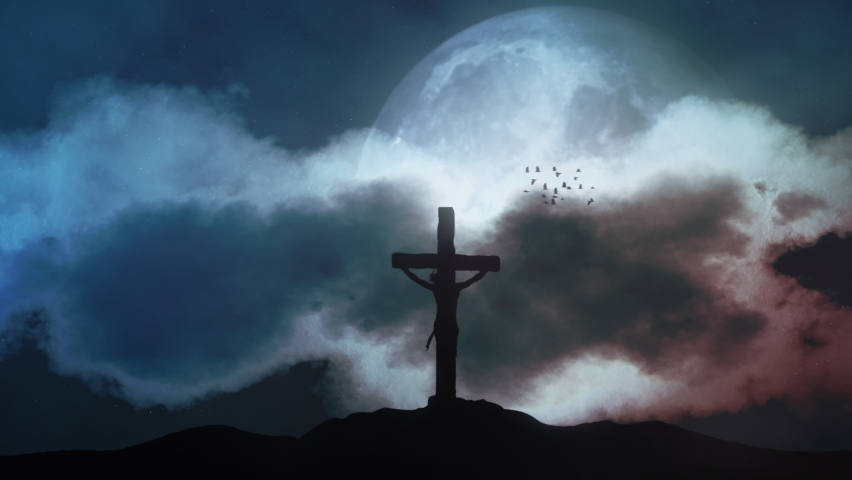 Cross of Jesus from Calvary hill. Big sun and moon with silhouette of Holy Cross and storm. Passing Time concept | Shutterstock HD Video #1069309840
