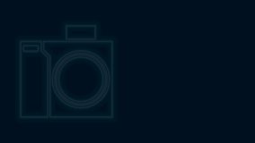 Glowing neon line Photo camera for diver icon isolated on black background. Foto camera icon. Diving underwater equipment. 4K Video motion graphic animation.