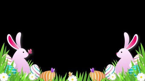 4K Easter intro transition animation on Alpha background, Rabbits with Easter eggs on spring meadow